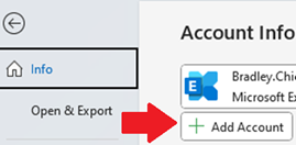 Red arrow pointing to the Add Account button in Outlook.